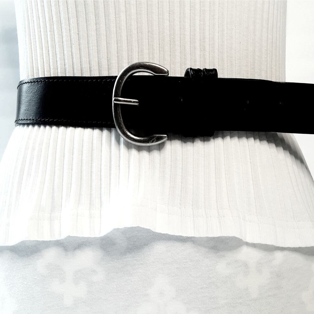 💎Womens Minimalist Black Genuine Bonded Leather Double Loop Belt Size Medium